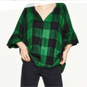 #0037# Zara Green Black Plaid Slouchy Blouse Short Bell Sleeve Henley Size S